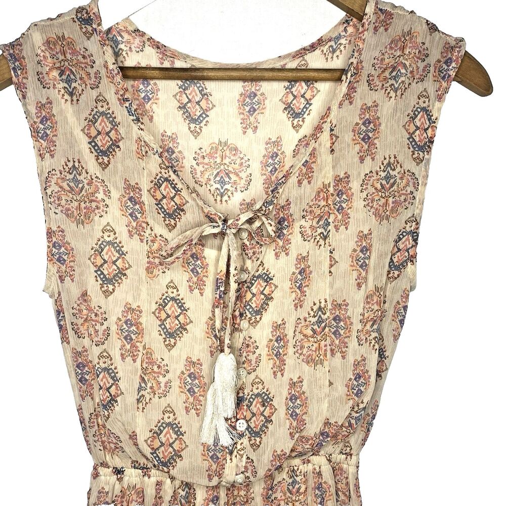 Hollister Sleeveless Mini Dress Womens XS Tassel Tie V-Neck Geometric Cream - Picture 2 of 11